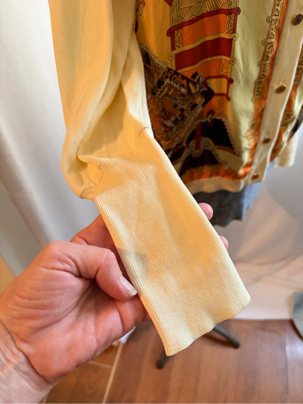 Vtg Hermes silk scarf-front cotton cardigan - Picture 3 of 11